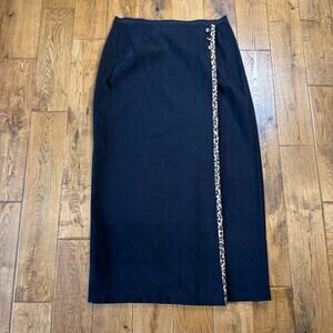 VTG Stonebridge Black Long Straight Skirt Leopard Accent Stripe Womens Sz 16